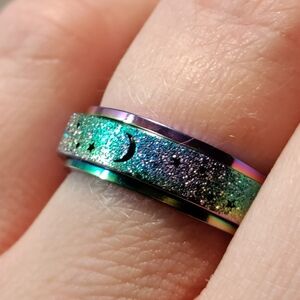 🌈🌜NEW Stainless Steel Rainbow Iridescent Moon and Stars Ring